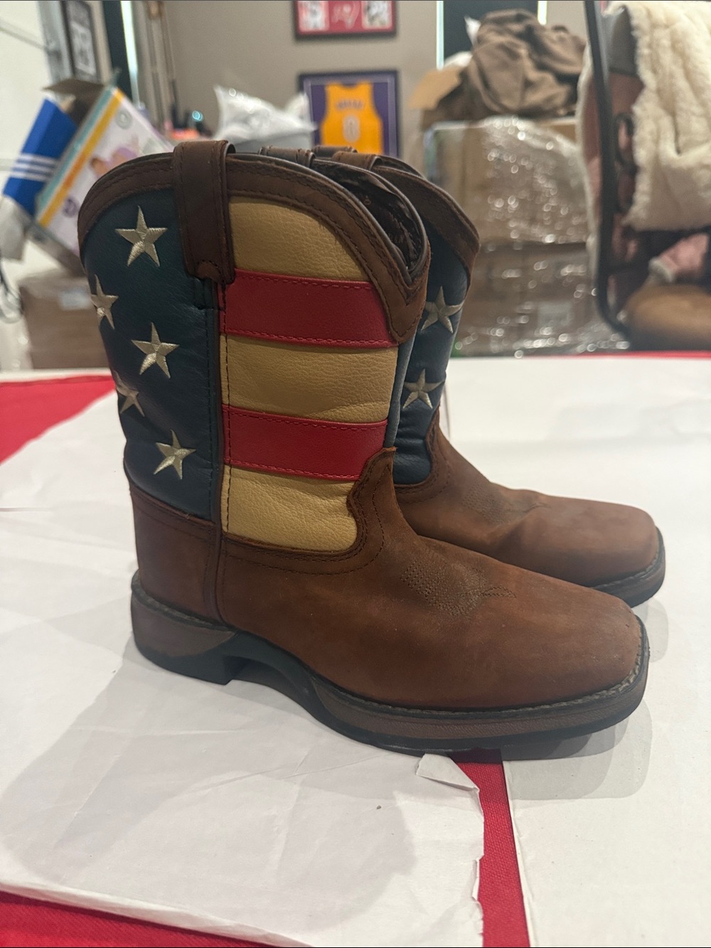 Durango Kids Brown Leather Western Boots with Red, White & Blue Flag Shaft